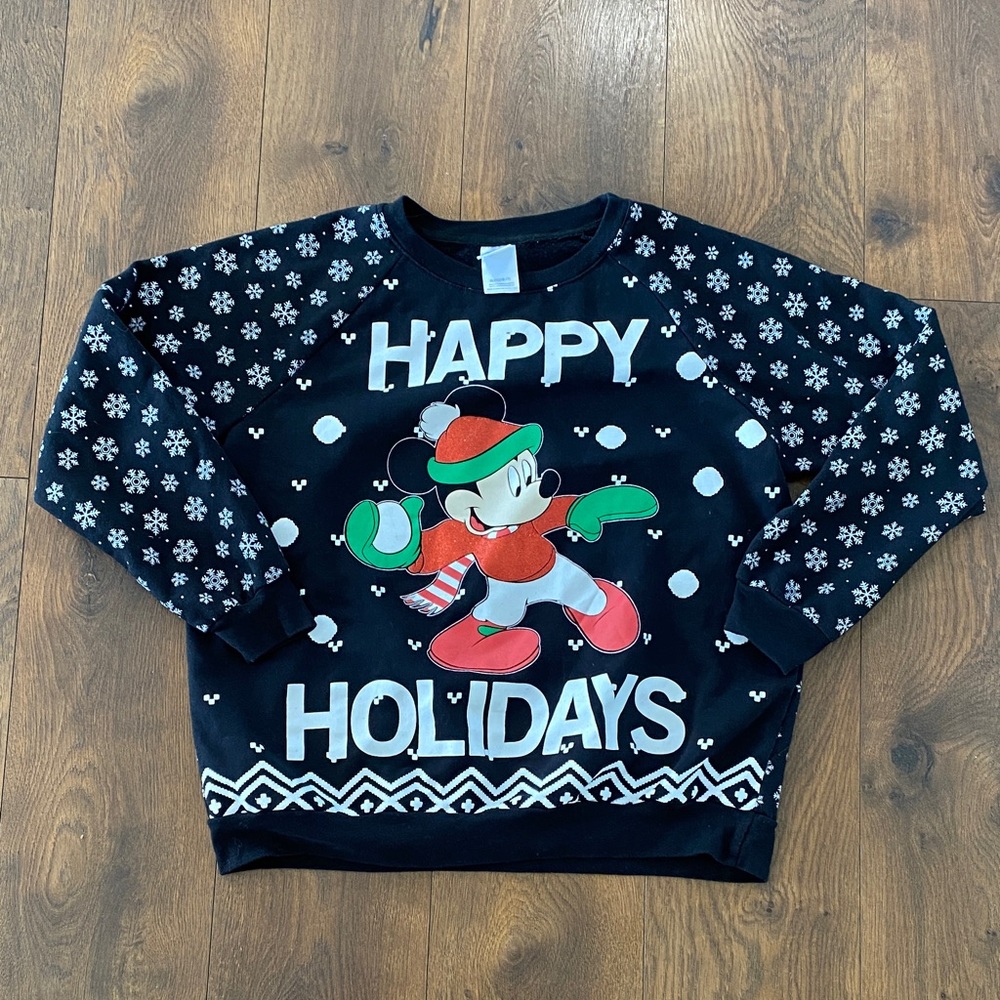 Disney Mickey Mouse Happy Holidays Sweater Youth XL Black Red Green Snowflakes - Picture 1 of 4